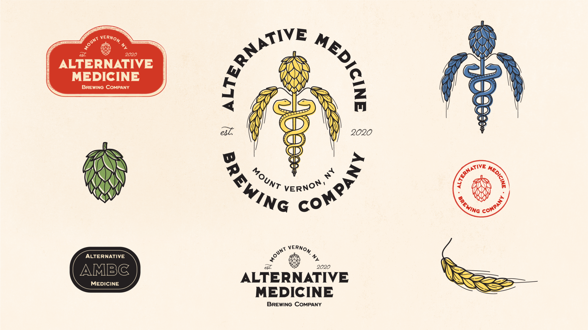 Alternative Medicine Brewing Company branding system laid out in rectangular format