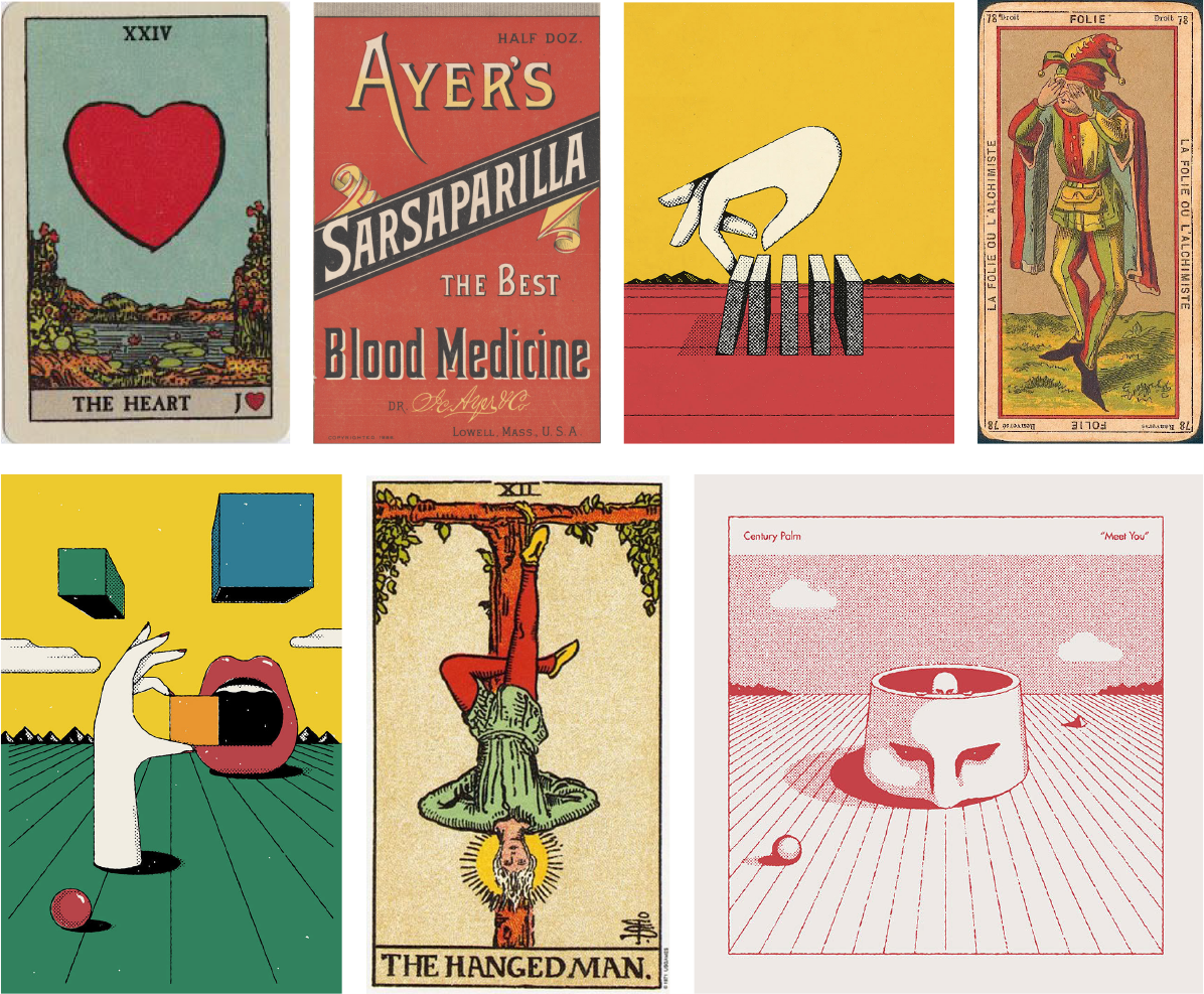 Mood board of vintage and contemporary illustrations