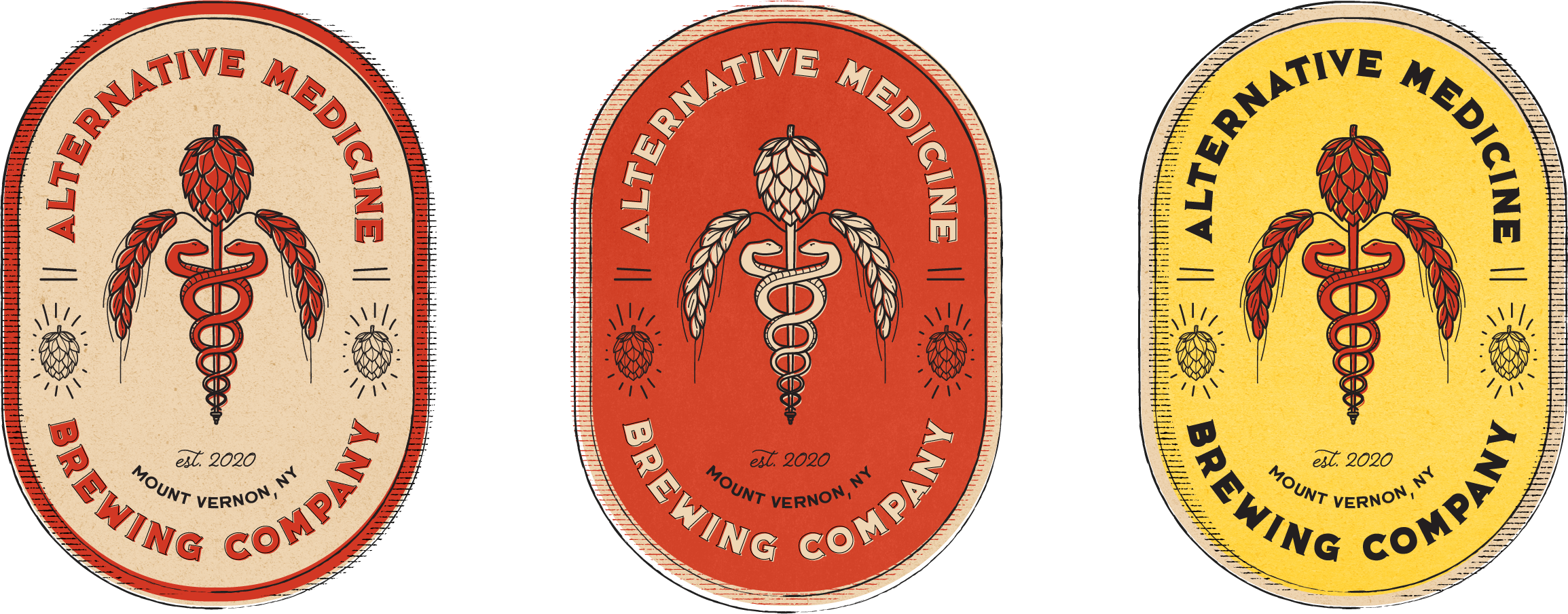Alternative Medicine Brewing Company logo on a red background in an oval shape