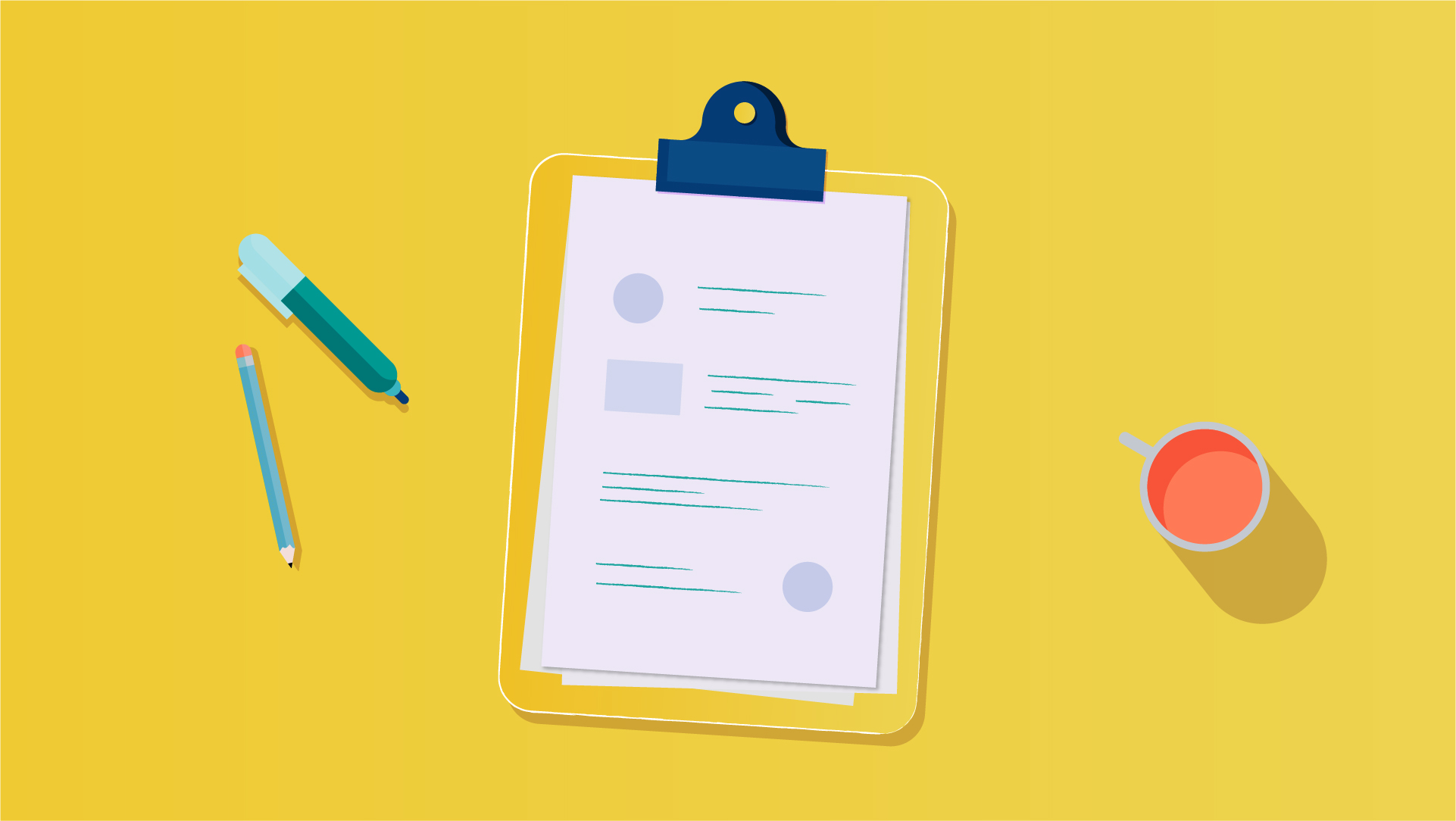 Illustration of clipboard on desk with pen and coffee